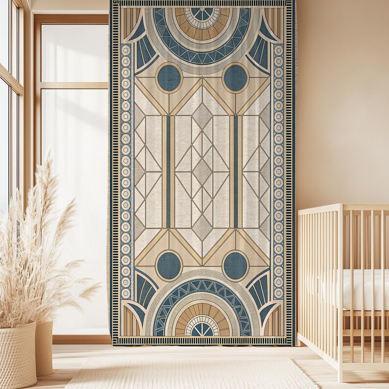 Art Deco Geometric Linen Curtains – Beige Teal Window Panels, Blackout Option image 5