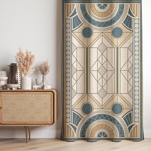Art Deco Geometric Linen Curtains – Beige Teal Window Panels, Blackout Option image 3
