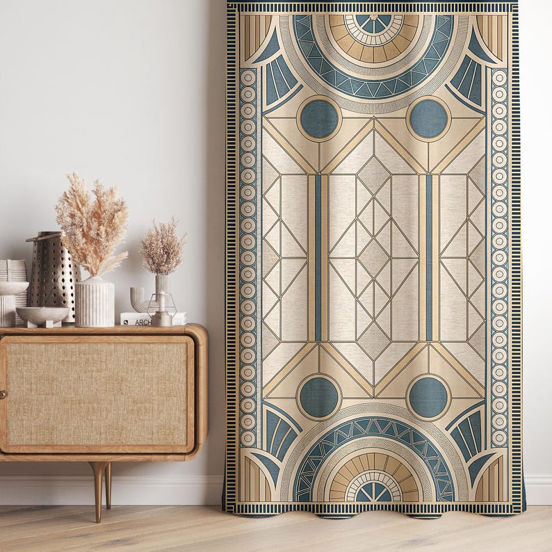 Art Deco Geometric Linen Curtains – Beige Teal Window Panels, Blackout Option image 3