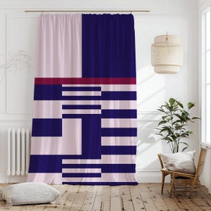 Geometric Stripes Colorblock Curtain-Modern Navy Window Drapes-Light Pink Living Room Curtains-Retro Decor Eyelets Panel