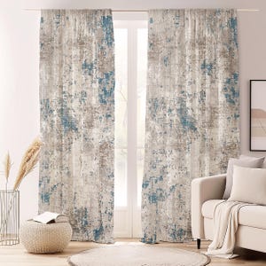 Abstract Texture Beige Blue Curtain-Coastal Style Blue Window Drapes-Grey Kids Room Curtains-Boho Decor Grommets Backtab Curtains Panel