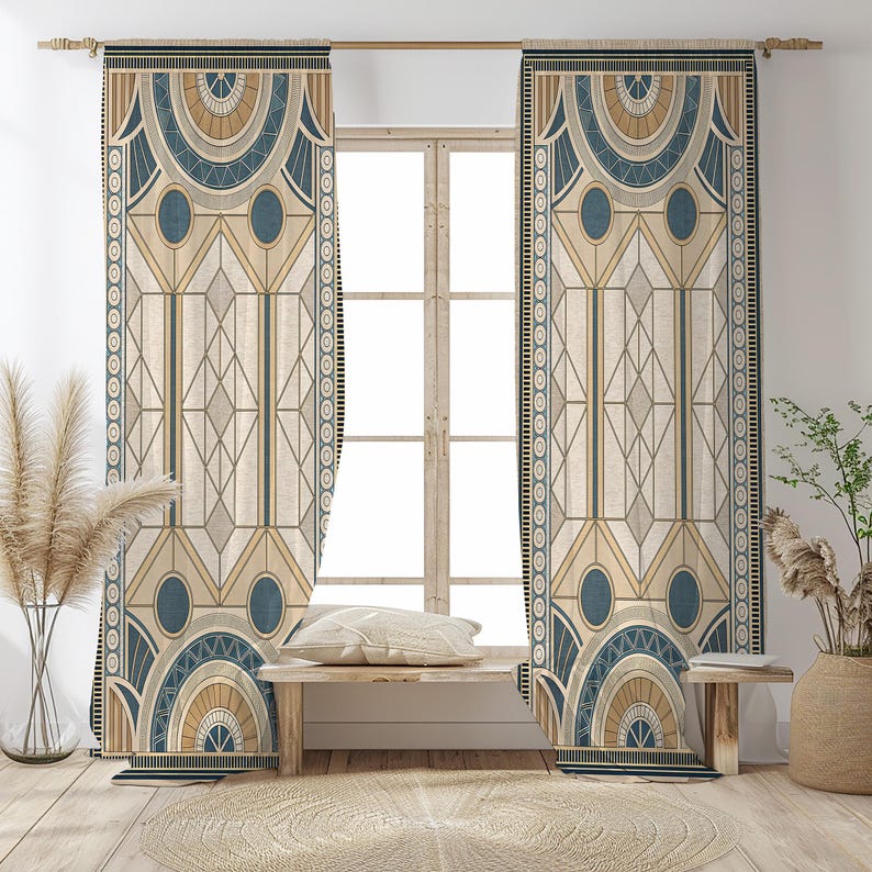 Art Deco Geometric Linen Curtains – Beige Teal Window Panels, Blackout Option image 7