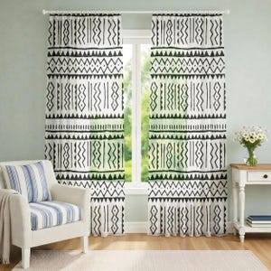 Witte geometrische transparante gordijnen, boho chic tule panelen, moderne voile gordijnen met rasterpatroon, lichtfiltering, zonverspreiding, aangepast formaat