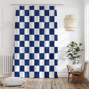 Checkerboard Blue White Curtain,Nautical Style Navy Window Drapes,Light Grey Kids Room Curtains,Retro Decor Grommets Blackout Panel