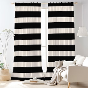 Wide Horizontal Stripe Curtain-Modern Minimalist Beige Window Drapes-Black Kids Room Curtains-Boho Decor Eyelets Blackout Panel