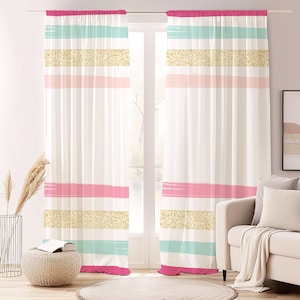 Gold Pink Aqua Striped Curtain-Boho Pastel Green Window Drapes-Beige Kids Room Curtains-Retro Decor Eyelets Panel