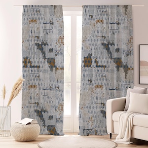 Geometric Chevron Lines Curtain-Modern Blue Window Drapes-Mustard Contemporary Living Room Curtains-Aztec Decor Grommets Backtab Panel