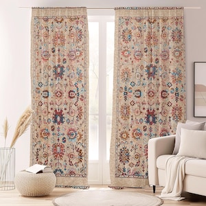 Floral Ruby Blue Curtain-Mediterranean Taupe Window Drapes-Terracotta Kids Room Curtains-Boho Decor Grommets Blackout Backtab Curtains Panel