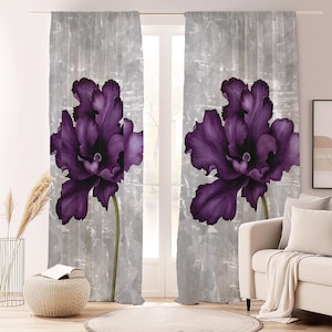 Large Purple Floral Art Curtain-Modern Grey Botanical Window Drapes-Green Kids Room Curtains-Boho Decor Eyelets Blackout Panel
