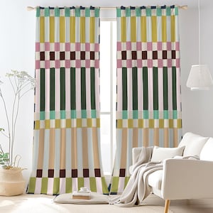 Striped Colorblock Modern Curtain-Geometric Contemporary Multicolor Window Drapes-Beige Kids Room Curtains-Boho Decor Blackout Panel