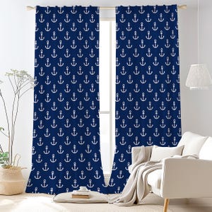 Nautical Anchor Motif Curtain-Coastal Navy Window Drapes-White Blue Kids Room Curtains-Maritime Decor Eyelets Panel