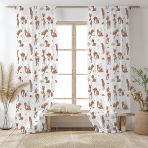 Deer Rabbits Flowers Curtain-Pastel Woodland Window Drapes-White Kids Room Curtains-Whimsical Decor Blackout Draperies