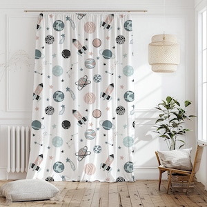 Rocket Planets Galaxy Curtain-Modern Space Blue Window Drapes-Beige Kids Room Curtains-Astronaut Decor Eyelets Panel-Kids Bedroom