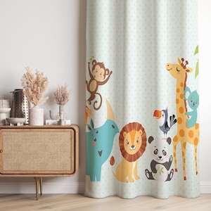 Jungle Animals Safari Curtain-Scandinavian Aqua Window Drapes-Light Blue Nursery Curtains-Boho Decor Eyelets Blackout Custom Curtain Panel