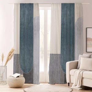 Striped Geometric Colorblock Curtain-Modern Navy Window Drapes-Light Grey Living Room Curtains-Scandinavian Decor Grommets Blackout Panel