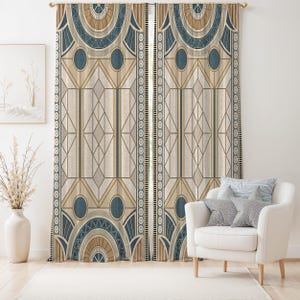 Art Deco Geometric Linen Curtains – Beige Teal Window Panels, Blackout Option image 1