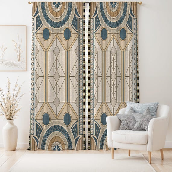 Art Deco Geometric Linen Curtains – Beige Teal Window Panels, Blackout Option
