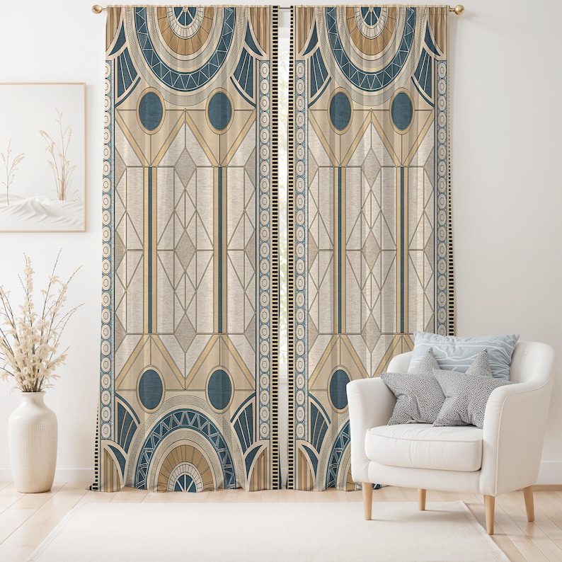Art Deco Geometric Linen Curtains – Beige Teal Window Panels, Blackout Option image 1