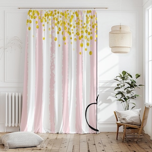 Yellow Dots Striped Curtain-Modern Pastel Pink Window Drapes-Cream Kids Room Curtains-Boho Decor Eyelets Panel