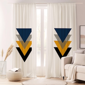 Abstract Geometric Shapes Curtain-Scandinavian Navy Window Drapes-Mustard Kids Room Curtains-Boho Decor Eyelets Panel