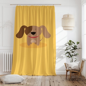 Cute Dog Illustration Curtain-Scandinavian Style Yellow Window Drapes-Brown Nursery Curtains-Boho Decor Eyelet Panel-Kids Bedroom Fun Accent