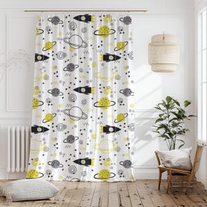 Rocket Planets Stars Curtain-Modern Space Yellow Window Drapes-Grey Kids Room Curtains-Astronaut Decor Grommets Blackout Panel