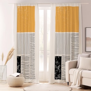 Modern Abstract Lines Curtain-Scandinavian Mustard Window Drapes-Black Kids Room Curtains-Boho Decor Blackout Draperies