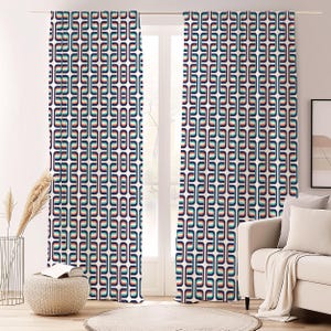Colorful Interlocking Geometric Curtain-Midcentury Blue Window Drapes-Coral Kids Room Curtains-Retro Eyelets Panel-Modern Window Treatment