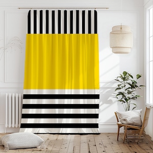 Bold Striped Yellow Curtain-Modern Yellow Window Drapes-White Kids Room Curtains-Retro Decor Eyelets Blackout Panel-Countryside Long Valance