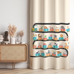 Alphabet Animal Train Curtain-Scandinavian Beige Window Drapes-Light Blue Kids Room Curtains-Boho Decor Blackout Draperies