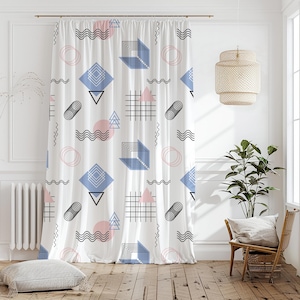 Geometric Shapes White Curtain-Modern Minimalist Blue Window Drapes-Pastel Pink Kids Room Curtains-Abstract Decor Eyelets Panel-Curtain