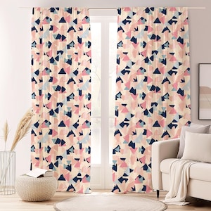 Abstract Shapes Print Curtain-Scandinavian Pink Window Drapes-Light Blue Kids Room Curtains-Modern Decor Eyelets Panel