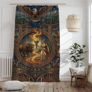 May include: A decorative curtain featuring a detailed illustration with an eagle, bison, and a woman holding a torch. The design incorporates a circular motif with text elements, set against a dark blue background with forest and mountain imagery. The curtain is designed to hang from a rod.