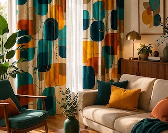 May include: Floor-length curtains featuring a repeating abstract pattern of rounded shapes in teal, mustard yellow, and burnt orange on a cream background. The fabric hangs in vertical folds, covering a window with a sheer white layer underneath.