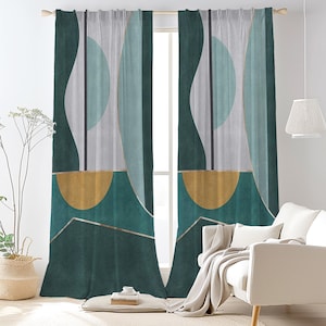 Abstract Curve Geometric Curtain-Mid Century Teal Window Drapes-Mustard Grey Living Room Curtains-Retro Decor Blackout Valance