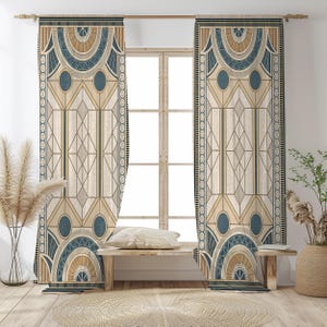 Art Deco Geometric Linen Curtains – Beige Teal Window Panels, Blackout Option image 9