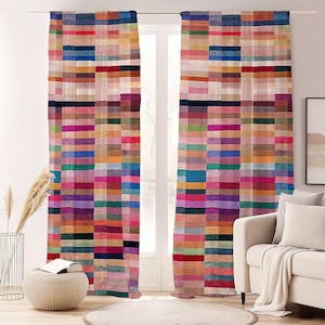 Multicolor Striped Geometric Curtain-Boho Backyard Countryside Long Curtains-Blue Kids Room Curtains-Eclectic Decor Curtain Panel