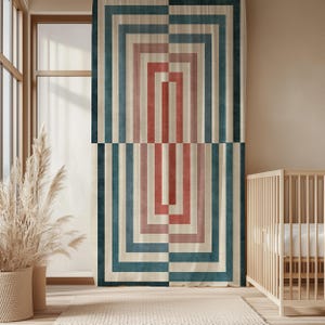 Geometric Striped Rectangular Curtain-Modern Beige Blue Window Drapes-Terracotta Kids Room Curtains-Boho Decor Grommets Blackout Panel