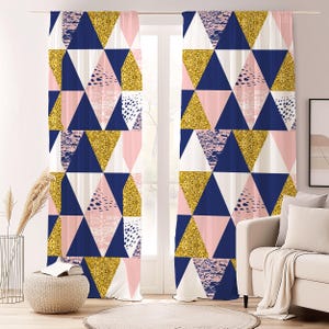 Geometric Glitter Abstract Curtain-Modern Pink Navy Window Drapes-Mustard Kids Room Curtains-Boho Decor Eyelets Panel