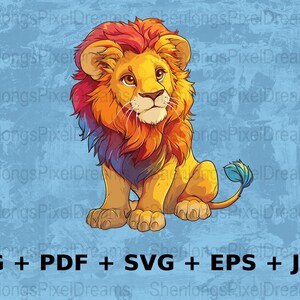 Colorful Lion Digital Illustration, Cartoon Lion SVG, png, pdf, EPS, Instant Download, jpeg