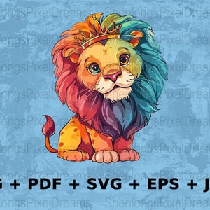 Colorful King Lion Digital Art, Crowned Lion SVG, png, pdf, EPS Files for Download, jpeg