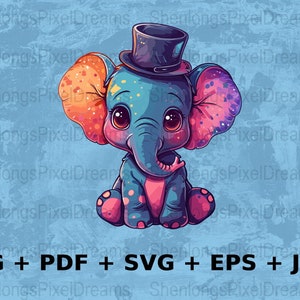 Cute Elephant Cartoon SVG, Digital Download, Colorful Elephant Art, Children&#39;s Decor Printable, Vector Files for Crafting, Nursery Art, jpeg