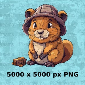 Cute Beaver Illustration Digital Download, Adorable Cartoon Beaver PNG, 5000 x 5000 Pixels Beaver Art, Animal Nursery Decor