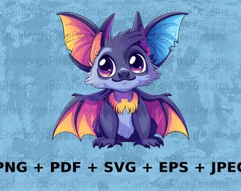 May include: A cartoon bat with large, expressive eyes. The bat has purple fur, yellow and orange wings, and a blue wing on one side. The bat is sitting on a light blue background.