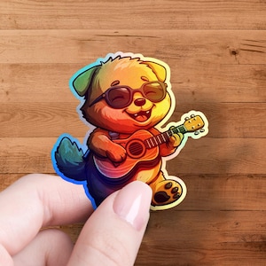 Cool Dog Guitarist Sticker, Cute Animal Sticker, Cartoon Dog Stickers, Laptop Stickers, Decorative Stickers, Colorful Stickers