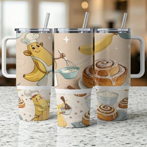 Joli paquet d'emballages pour gobelets boulangers banane avec motif roulé à la cannelle, 6 images PNG haute résolution pour sublimation, gobelets droits 40 oz