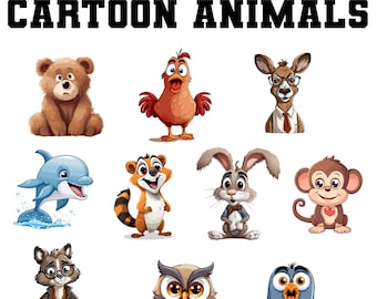 May include: A set of 40 cartoon animal illustrations in PNG format. The illustrations include a brown bear, a red rooster, a deer wearing glasses, a blue dolphin, a raccoon wearing glasses, a brown owl, a penguin, a raccoon, a rabbit wearing a bow tie, a monkey, and a brown and orange striped animal.