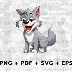 Dessin animé loup Svg Png Eps, usage commercial, graphiques vectoriels Clipart pour art mural, T-shirts, impression à la demande