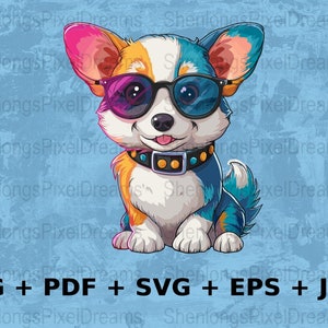 Cartoon Dog SVG, Hipster Dog with Glasses Digital Art, Cute Puppy png, Colorful Pet Illustration, Print-ready PDF and EPS File, jpeg