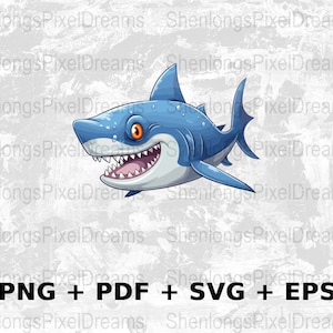 Tiburón de dibujos animados Svg Png Eps, uso comercial, gráficos vectoriales de imágenes prediseñadas para arte mural, camisetas, impresión a pedido